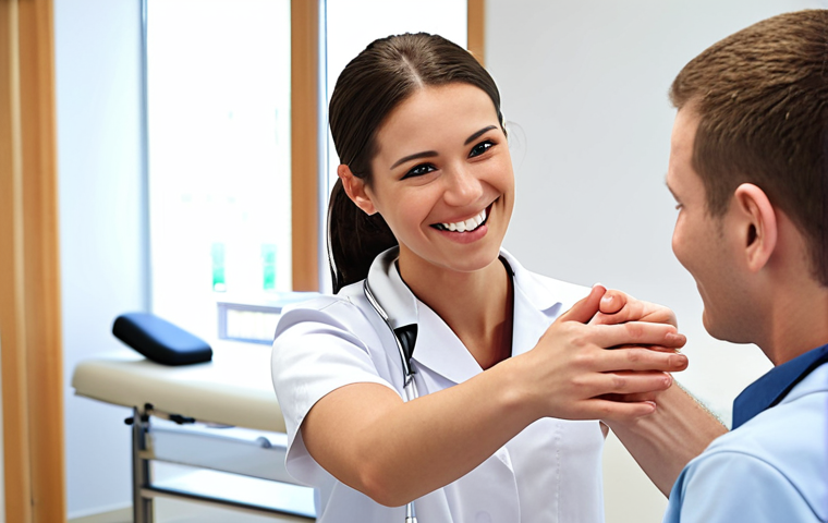 **

A young, smiling physical therapist warmly greeting a patient in a bright, modern clinic setting. Focus on conveying a friendly and reassuring atmosphere. The therapist is actively listening to the patient's concerns.

**