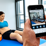 **A physical therapist attentively observing a patient, utilizing a smartphone app to track recovery progress. The setting is a modern physiotherapy clinic with exercise equipment visible in the background.**