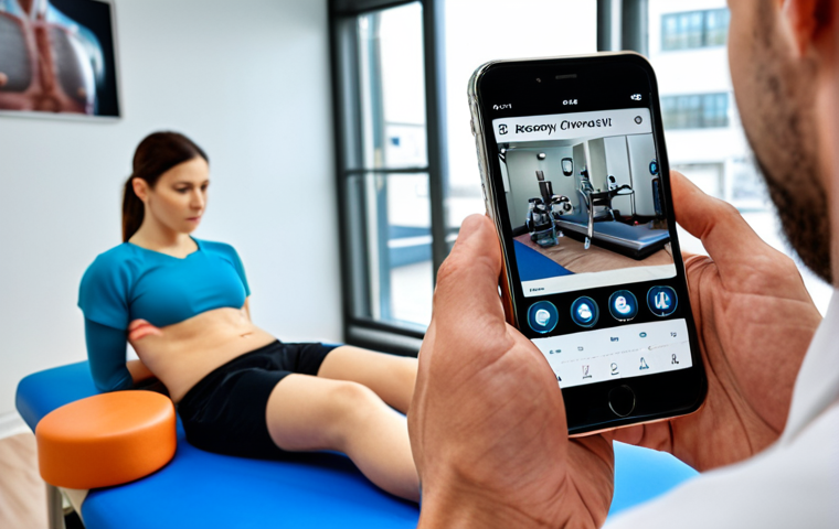 **A physical therapist attentively observing a patient, utilizing a smartphone app to track recovery progress. The setting is a modern physiotherapy clinic with exercise equipment visible in the background.**