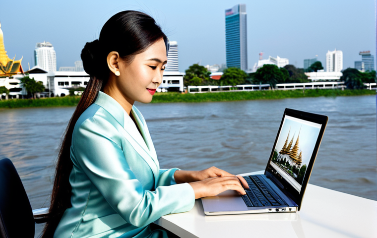 **

A professional Thai businesswoman in a modest, elegant Thai silk dress, working on a laptop at a desk in a modern, bright Bangkok office overlooking the Chao Phraya River. Fully clothed, appropriate attire, safe for work, perfect anatomy, natural proportions, professional photography, high quality, family-friendly. The office should have subtle Thai design elements.

**